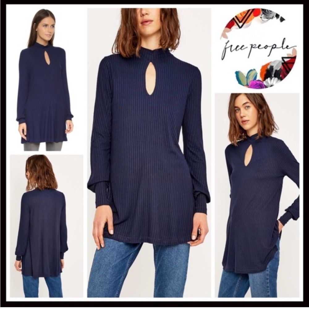 Free People Copa Banana Blue Ribbed Keyhole Tunic - Picture 1 of 11